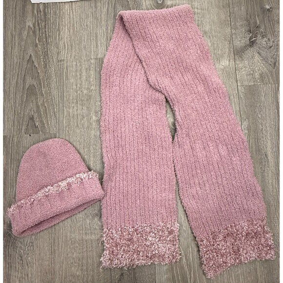 Beanie‎ Scarf Gloves Set Pink Cozy Hat Knit Cap Warm Plush Cottage Coastal Chic - Picture 2 of 6